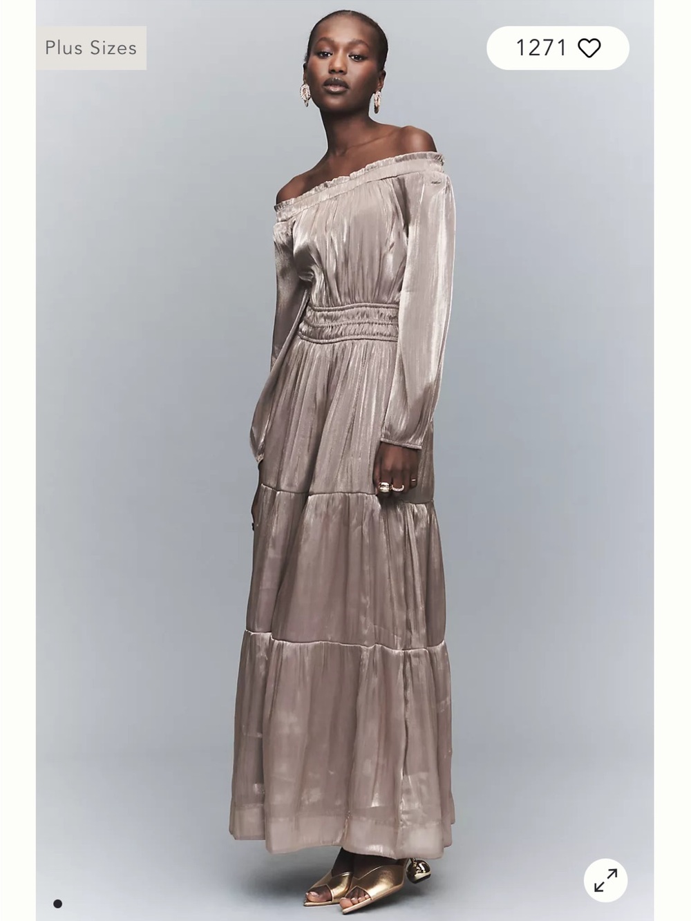 Anthropologie Metallic Taupe Off-Shoulder Tiered Maxi Dress